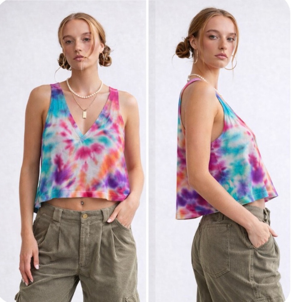 Free People Tie-Dye V-Neck Crop Tank Top - Multicolor